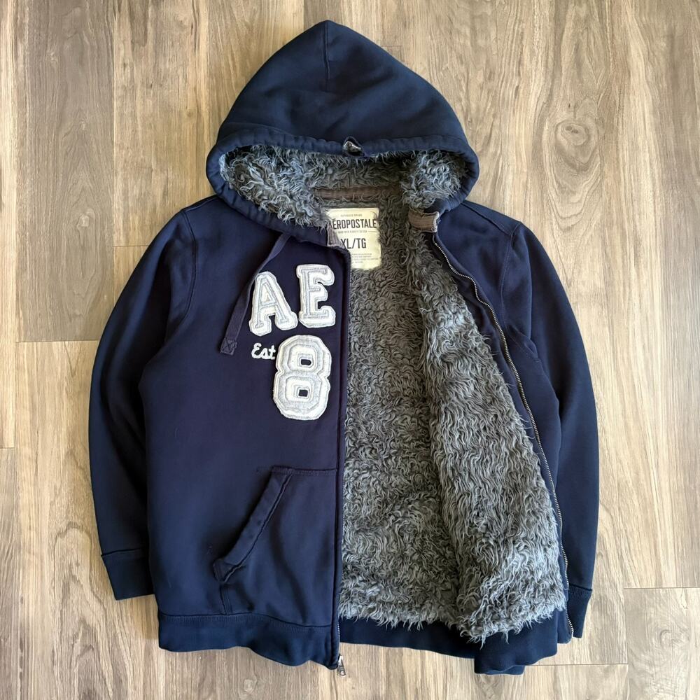 Vintage Y2K Aeropostale 87 Faux Fur Line Full Zip Hoodie Men's Size XL Navy Blue